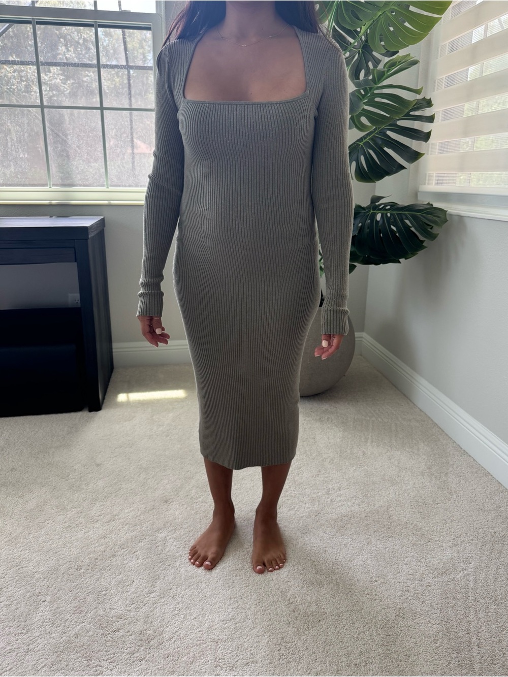 H&M Ribbed Square-Neck Long Sleeve Midi Dress - Olive